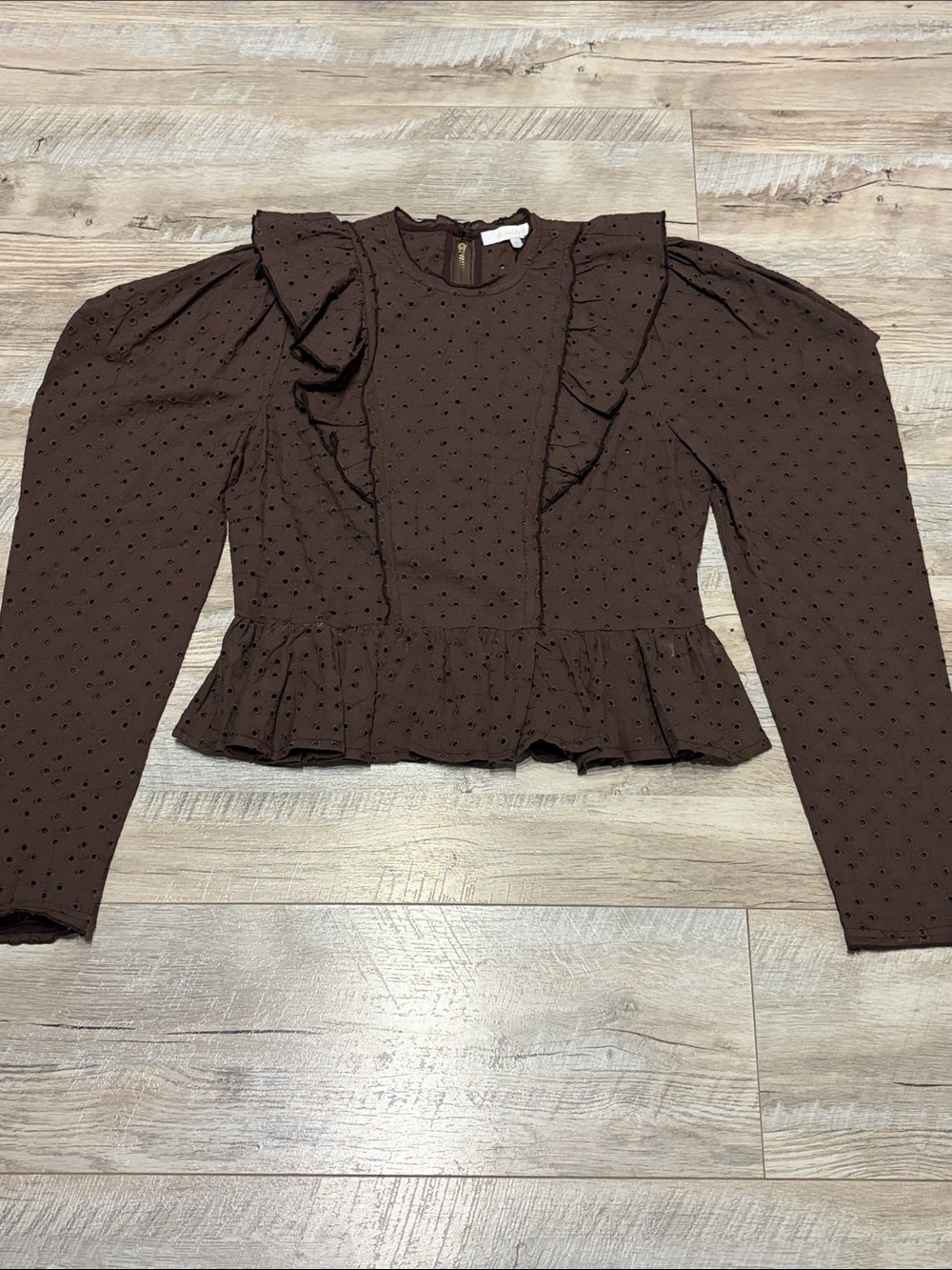 Womens Brown Eyelet Peplum Top
